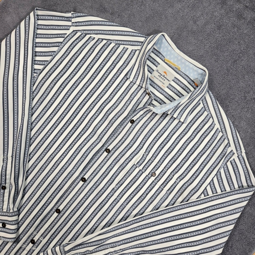 Tommy Bahama Shirt Mens XL Blue White Stripe Cotton Long Sleeve Excellent Casual